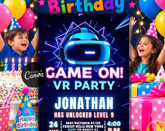 Editable Virtual Reality Birthday Party Invitation, VR Glasses Party Template, Its Game Time Digital Canva Invite, Instant Download