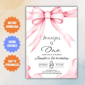 Pink Bow 1st Birthday Invitation: Editable Girl Template (Digital Download)