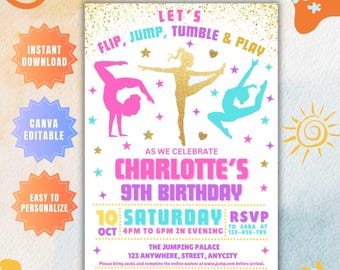 Invitación de cumpleaños editable de gimnasia, plantilla para fiesta de saltos y volteretas, descarga digital de invitación para niñas