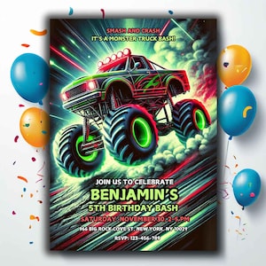 Editable Boy Birthday Party Invitation, Monster Truck Party Digital Evite, Boys Truck Theme Event Flyer, Editable template, Instant Download