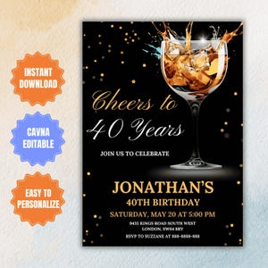 Invitación editable para el 40.° cumpleaños, invitación de cumpleaños con whisky para hombres adultos, invitación con licor escocés y coñac para la fiesta del 40.° cumpleaños, descarga instantánea