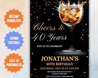 Editable Whiskey 40th Birthday Invitation: Scotch & Cognac (Digital Download)