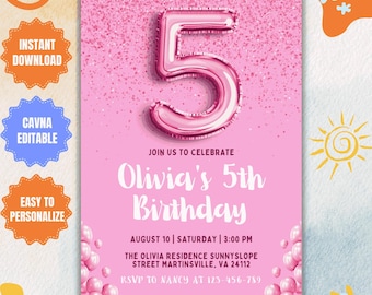 Pink Glitter 5th Birthday Invitation: Rainbow Foil (Editable, Digital Download)