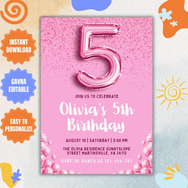 Pink Glitter 5th Birthday Invitation: Rainbow Foil (Editable, Digital Download)