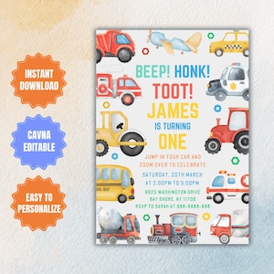 Editable Transportation Birthday Party Invitation, Truck, Train, Cars Invite, Kids Birthday Invitation, Cars Party Invite, Digital Download