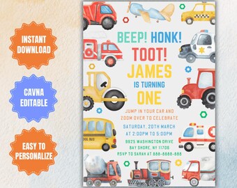 Editable Transportation Birthday Invitation: Trucks, Trains, Cars (Digital Download)