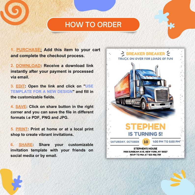 Editable Semi Blue Truck Birthday Party Invitation Template, Big Rig ...