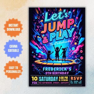 Pode incluir: Um convite colorido para uma festa de aniversário de 9 anos com o texto "Let's Jump & Play" em cores neon. O convite apresenta uma silhueta de três crianças pulando em um trampolim com um fundo azul, rosa e roxo. O texto "Frederick's 9th Birthday" está na parte inferior do convite, junto com a data, a hora e as informações de RSVP.