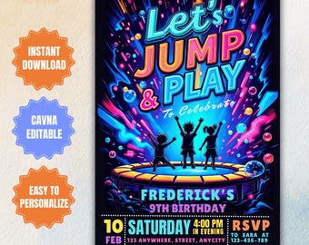 Glow Trampoline Birthday Invitation: Neon Bounce House Party (Instant Download)