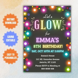 Glow Birthday Invitation: Neon Party, Teen Girls, Editable Template (Digital Download)