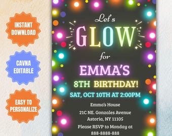 Glow Birthday Invitation: Neon Party, Teen Girls, Editable Template (Digital Download)