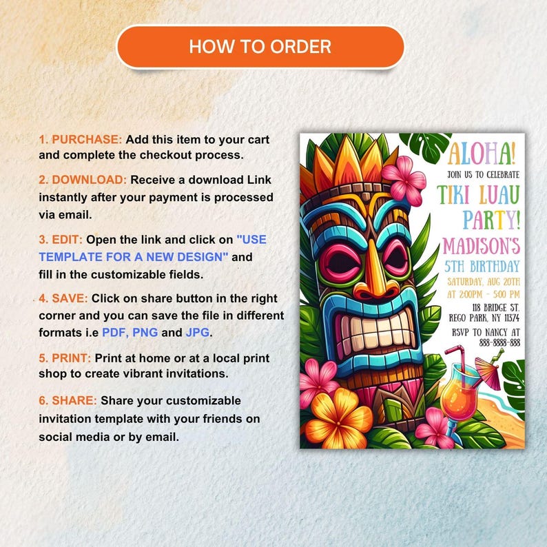 Plan your perfect Hawaiian celebration with our Editable Aloha Tropical Party Invitation! This vibrant, customizable digital download makes inviting friends a breeze. Edit your party details easily, then download instantly for printing at home or professionally. The lively tropical design captures the spirit of aloha, making your event stand out. Ideal for luaus, birthdays, or summer get-togethers, this digital invite combines convenience, fun, and style for a memorable party start!