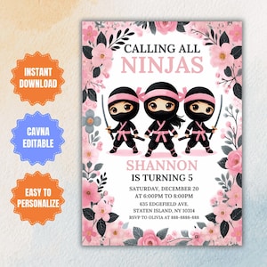 Editable Girl Ninja Birthday Party Invitation Template Pink Karate Birthday Warrior Birthday Party Martial Arts Ninja Party Instant Download