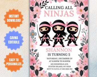 Puede incluir: Invitación de cumpleaños floral rosa y blanca con tres ninjas de dibujos animados que llevan atuendos negros y rosas. La invitación dice "Calling all ninjas" y "Shannon cumple 5 años".