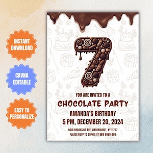 Editable Chocolate Party Invitation, Chocolate 7th Birthday Invitation, Chocolate Desserts Sweet Party Invite, Chocolate Theme Party Invite
