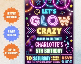 Editable Glow Birthday Party Invitation: Neon Lights Template (Digital Download)
