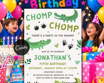 Editable Crocodile Birthday Party Invitation, Reptile Theme Template, Alligator Party Invite, Jungle Animal Celebration Digital Evite