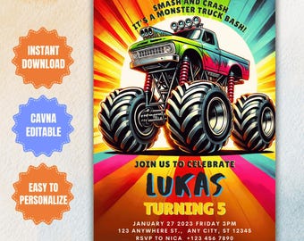 Editable Monster Truck Birthday Invitation: Boys Party Template (Digital)