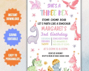 May include: A pink, purple, and green dinosaur birthday party invitation with the text "She's a Three Rex" and "Margaret's 3rd Birthday". The invitation includes details about the party, including the date, time, and location.