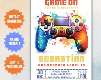 編集可能なビデオゲームパーティー招待状、レベルアップ誕生日招待状、ビデオゲーマーボーイテンプレートアーケードパーティー招待状、レベルブロック解除パーティー招待状