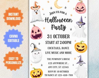 May include: A Halloween party invitation with watercolor illustrations of ghosts, pumpkins, stars, and a crescent moon. The invitation includes the party details: date, time, location, and RSVP information. Text on the left says "Instant Download", "Cavna Editable", and "Easy to Personalize".