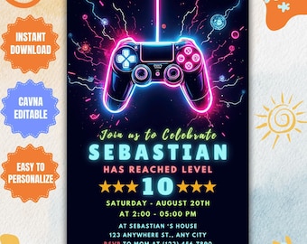May include: A neon blue and pink video game controller with lightning bolts in the background. The text reads "Join us to Celebrate Sebastian Has Reached Level 10 Saturday - August 20th at 2:00 - 05:00 PM at Sebastian's House 123 Anywhere St., Any City RSVP to Mom at (123) 456 7890".