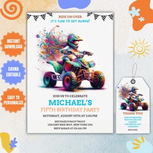 Puede incluir: Una invitación colorida a una fiesta de cumpleaños con un niño conduciendo un quad. La invitación dice "Ride on over, it's time to get muddy!" e incluye el texto "Join us to celebrate Michael's Fifth Birthday Party".