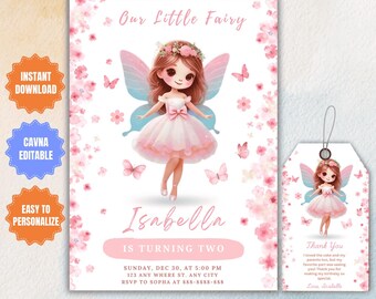 Editable Pink Fairy Princess Invitation: Party Invite & Thank You Card (Digital Download)