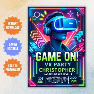 Bearbeitbare VR-Geburtstagseinladung, Glow VR-Einladung, Virtuelle Realität einladen, Videospiel-Geburtstagsfeier, Neon-Gamer, bearbeitbare Canva-Vorlage
