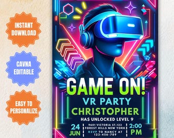 Neon VR Birthday Invitation: Editable Video Game Party (Canva Template)