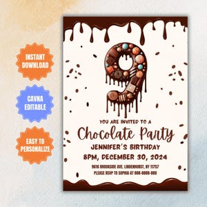 Editable Chocolate Party Invitation, Chocolate Invitation Template, Chocolate Birthday Party, Sweet Party Evite, 9th Chocolate Party Invite