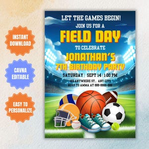 Modello di invito modificabile per la festa del Field Day, invito sportivo, volantino per il Field Day, invito per il giorno dei giochi, festa sportiva per bambini, invito digitale per la festa dei ragazzi