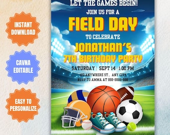 May include: A vibrant invitation for Jonathan's 7th birthday party, themed around a field day. The design features a stadium backdrop, sports equipment like a basketball, football, and soccer ball, and the text "Let the Games Begin!"