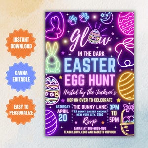 Invitación editable para la búsqueda de huevos de Pascua Fiesta de búsqueda de huevos de Pascua con luces de neón Fiesta de búsqueda de huevos de Pascua para niños con luces de neón Invitación que brilla en la oscuridad Descarga instantánea