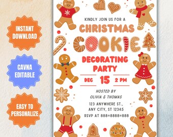 May include: A Christmas Cookie Decorating Party invitation with gingerbread men and cookies. The invitation includes the date, time, and host information. The design features red and brown colors with the text "Instant Download", "Cavna Editable", and "Easy to Personalize".
