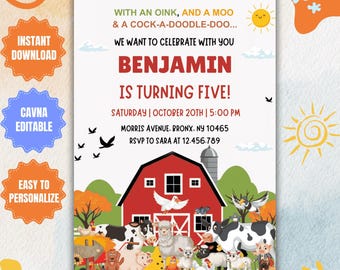 Farm Animals Birthday Invitation Template: Barnyard Party Invite (Digital Download)
