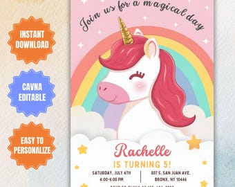 Editable Unicorn Birthday Invitation, Rainbow Design (Digital)
