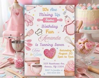 Editable Pink Baker Birthday Invitation, Baking Party Template, Sweet Cupcake Celebration, Kitchen Birthday Invite, Instant Download