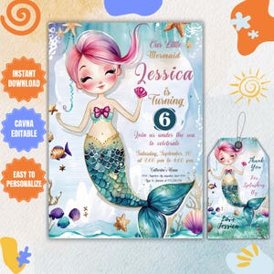 Bewerkbare zeemeermin verjaardagsuitnodiging, kleine zeemeermin uitnodigen, Under the Sea verjaardagsuitnodiging, prinses zeemeermin uitnodigen, gratis bedankkaart