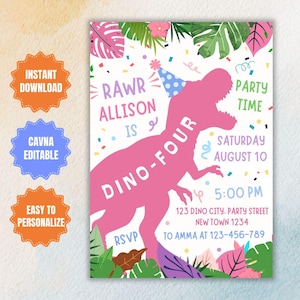 Pink Dinosaur 4th Birthday Invitation: Editable Dino-Four T-Rex Party (Digital Invite)
