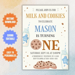 Milk and Cookies 1st Birthday Invitation Template: Editable Digital Invite