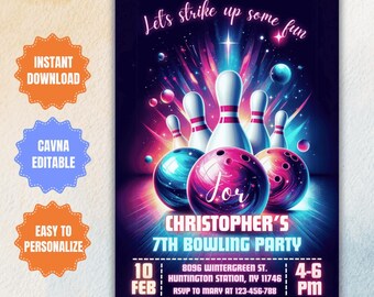 Neon Bowling Birthday Invitation: Editable Glow Party Invite (Digital Download)
