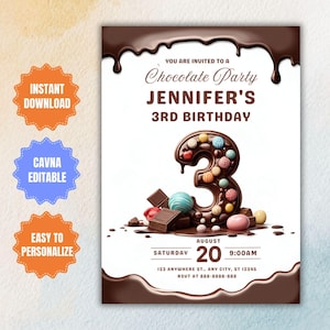 Editable Chocolate Birthday Invitation, Chocolate Party Template, Chocolate Birthday Party, Sweet Party Invite, 3rd Chocolate Party Invite
