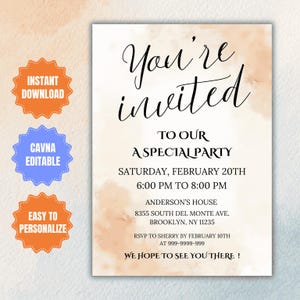 Bewerkbare sjabloon 'You're Invited', elektronische 'You're Invited'-sjabloon, 'You're Invited' Special Event Celebration Dinner Party Occasion Evite