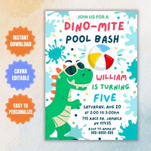 Dinosaur Pool Party Invitation: T-Rex 5th Birthday (Digital Invite)
