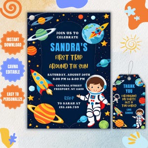 Bewerkbare sjabloon voor uitnodiging verjaardagsfeestje astronaut Outer Space, Planet Rocket Ship uitnodigen, Galaxy Blast Off Invite, gratis bedankkaart