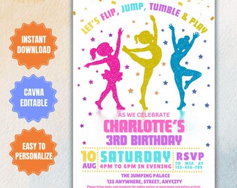 May include: A colorful invitation for a girl's 3rd birthday party. The invitation features three silhouetted girls in pink, yellow, and blue, with glitter accents, performing gymnastics. The text reads "Let's Flip, Jump, Tumble & Play" and "As We Celebrate Charlotte's 3rd Birthday". The invitation includes the date, time, and location of the party.