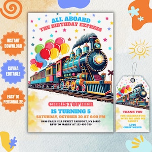 Convite editável para festa de aniversário de trem expresso, modelo de convite para todas as crianças a bordo, festa de aniversário de trem, convite digital com tema de trem