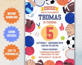 Editable Sports Theme Birthday Invitation, Let's Have a Ball, Basketball, Football, Soccer, Baseball Invitation, Boys Sports Birthday Invite