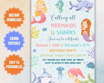 Mermaid and Shark Birthday Invitation Template (Digital Invite)